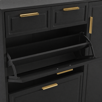 Moderne Schuhschrank, mit verstellbaren Regalen, goldenen Griffen, 2 Schubladen, Klappschuhschrank und 2 Türen, Schwarz, B120/D24/H107 CM