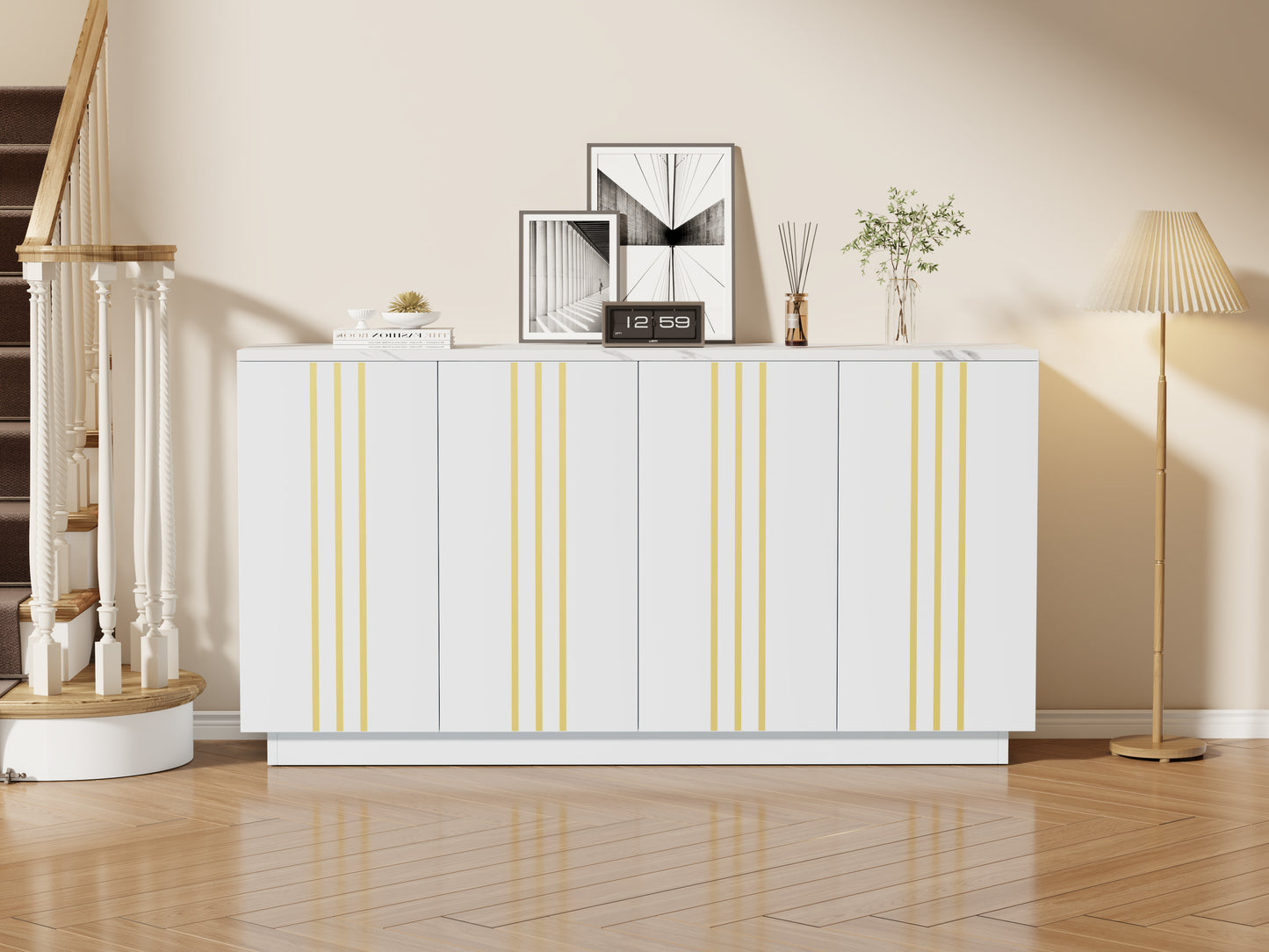 Wohnzimmer-Sideboard, Aufbewahrungsschrank mit 4 Türen, 35 x 140 x 70 cm.Design mit vergoldeten Linien,Spind mit verstellbaren Trennwänden,Kabinett,Geeignet für Wohnzimmer und Schlafzimmer,Weiß + Gold