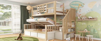 Children's Bunk Bed with Window and Safety Railing in White & Natural Wood