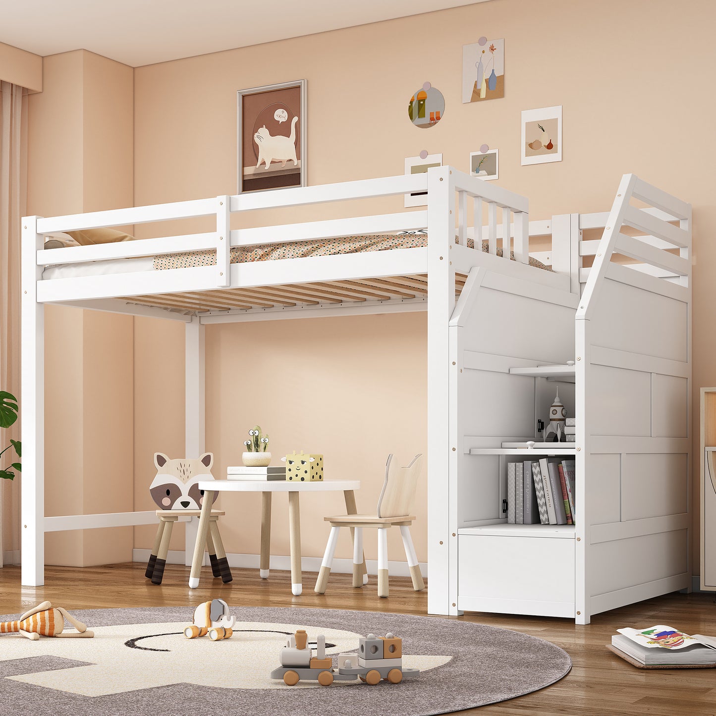 (=WX000322AAK)Hochbett, 90x200cm, Bett mit Lattenrost (ohne Matratze), Geländer, Verstaubare Stufen, Freier Raum zum Verkleiden nach Belieben, EN747 zertifiziert, Weiß