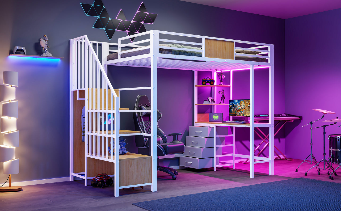 Metal Loft Bed with Desk, Storage, and Clothes Rail