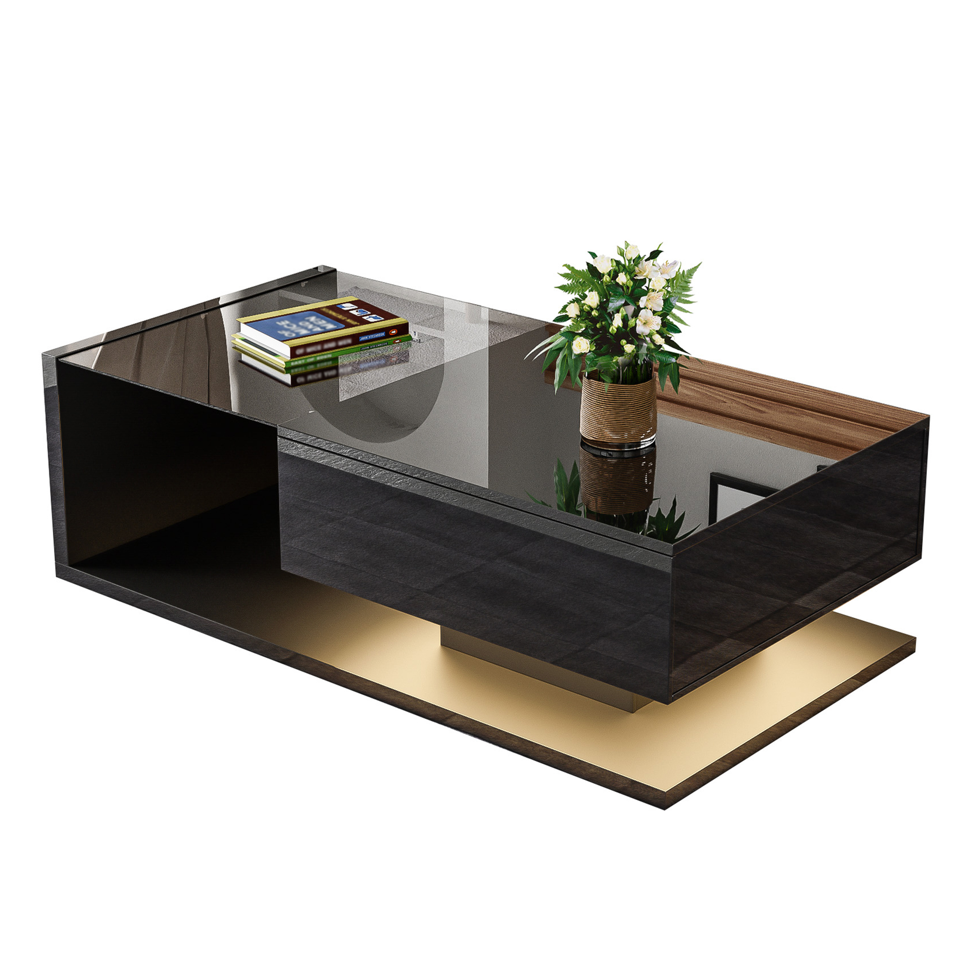 Couchtisch, Hochglanzschwarz. Beistelltische, Couchtische mit Glas und LED-Effekt