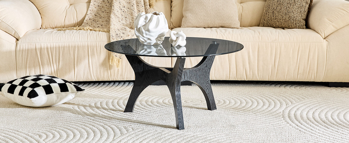 Runder Couchtisch mit Glasplatte, Moderner Wohnzimmertisch mit schwarzem Holzrahmen, Stabiler Kaffeetisch 80cm, Hitze- & Kratzfest, für Wohnzimmer, Büro & Lounge