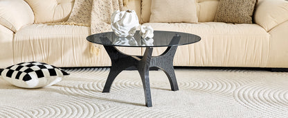 Runder Couchtisch mit Glasplatte, Moderner Wohnzimmertisch mit schwarzem Holzrahmen, Stabiler Kaffeetisch 80cm, Hitze- & Kratzfest, für Wohnzimmer, Büro & Lounge