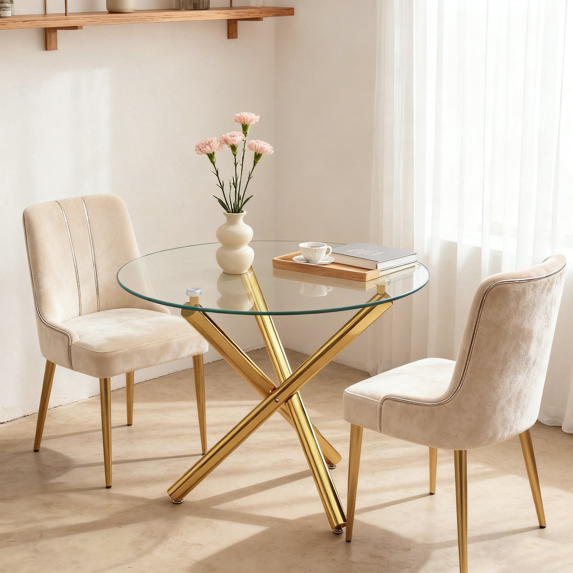 Gigab2b original image - Runder Esstisch mit Platte aus gehärtetem Glas und goldfarbenen Beinen, Couchtisch, moderner minimalistischer Esstisch, 80 × 80 × 76 cm