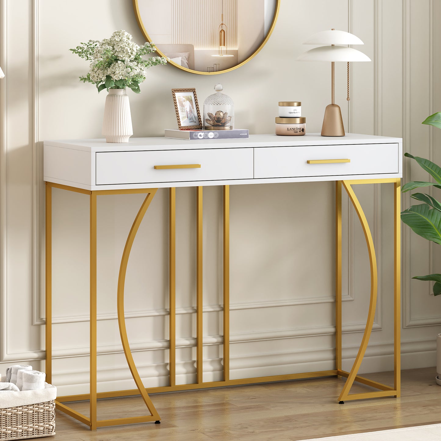Gigab2b original image - Konsolentisch,Flurtisch mit 2 Schublade ,Leichter Luxus-Stil Beistelltisch, Sofatisch ,110x32x85 cm,Weiß/Gold
