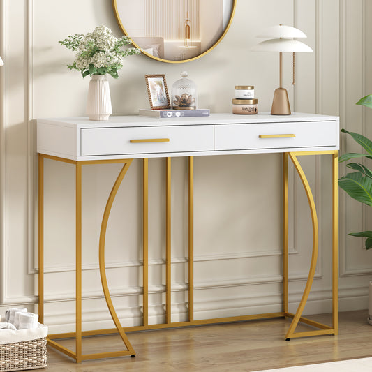 Gigab2b original image - Konsolentisch,Flurtisch mit 2 Schublade ,Leichter Luxus-Stil Beistelltisch, Sofatisch ,110x32x85 cm,Weiß/Gold
