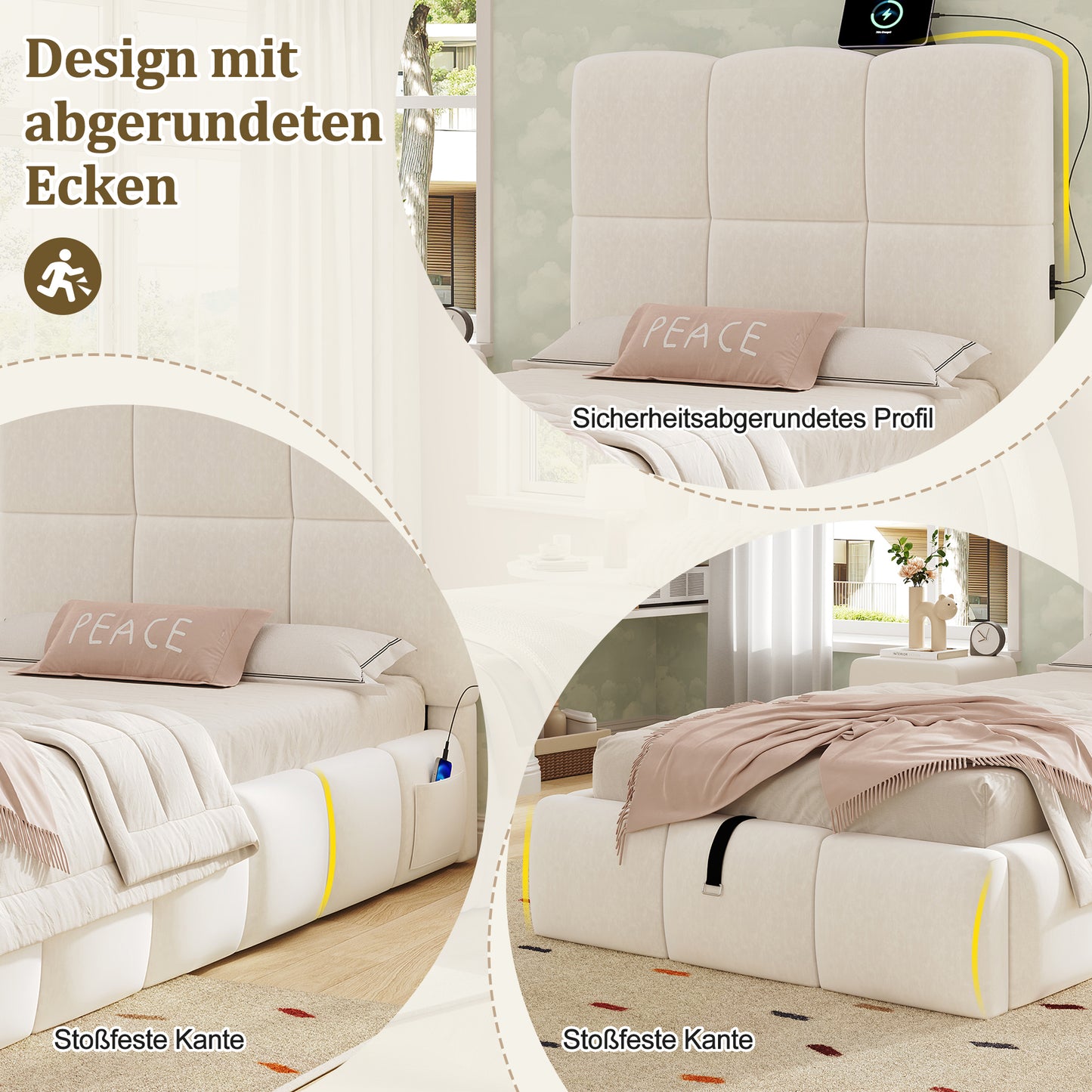 Polsterbett, Einzelbett, Kinderbett 90 x 200cm, hydraulisches Funktionsbett, Bett mit Lattenrost, Kopfteil, großem Stauraum und  USB-Ladeanschluss, gepolstertes Kopfteil, samt, beige