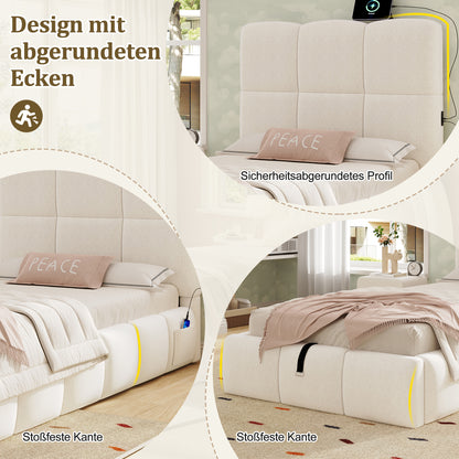 Polsterbett, Einzelbett, Kinderbett 90 x 200cm, hydraulisches Funktionsbett, Bett mit Lattenrost, Kopfteil, großem Stauraum und  USB-Ladeanschluss, gepolstertes Kopfteil, samt, beige
