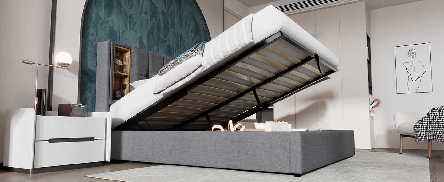 (=AB20359798N)Doppelbett mit Kabellosem Laden USB C, Polsterbett  Bettgestell 180x200cm,Bettgestell mit Stauraum Lattenrost aus Holz-Natürlich Leinen