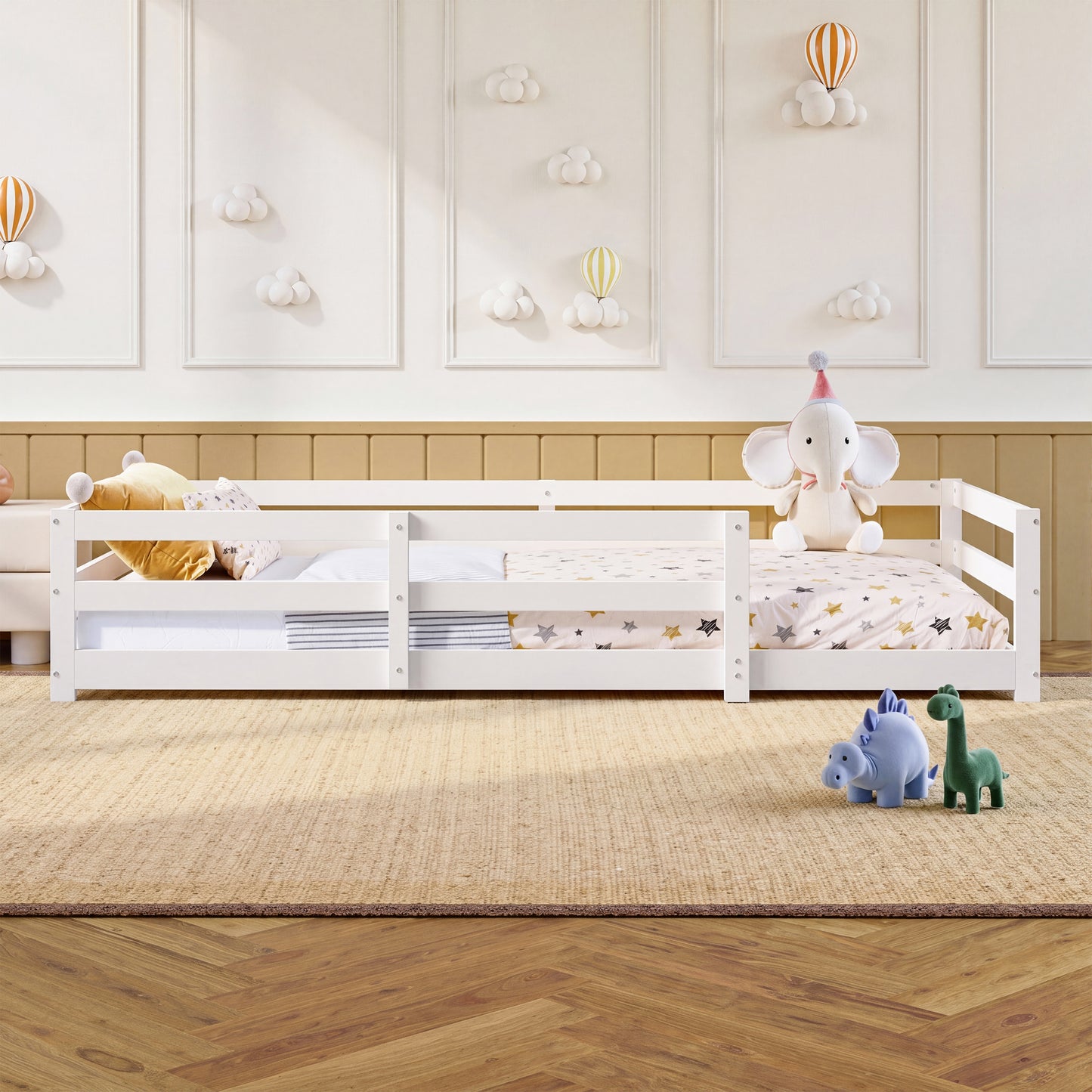 Montessori Bodenbett mit Schutzgitter – Flaches Bett ohne Boxspring nötig, aus Kiefernholz, schnell montiert (90x200 cm, weiß)