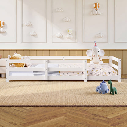 Montessori Bodenbett mit Schutzgitter – Flaches Bett ohne Boxspring nötig, aus Kiefernholz, schnell montiert (90x200 cm, weiß)