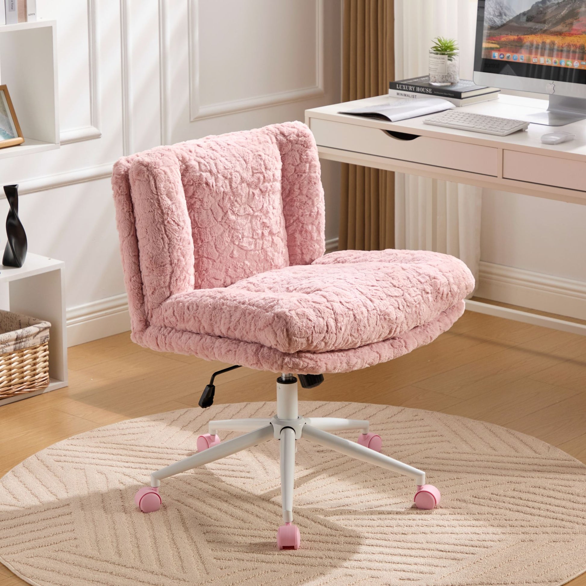Gigab2b original image - W26.4 inch Wider Seat Office Chair,Artificial rabbit hair Home Office Chair with Metal Base,Adjustable Desk Chair Swivel Office Chair,Vanity Chair(Pink) ,DE1875PK