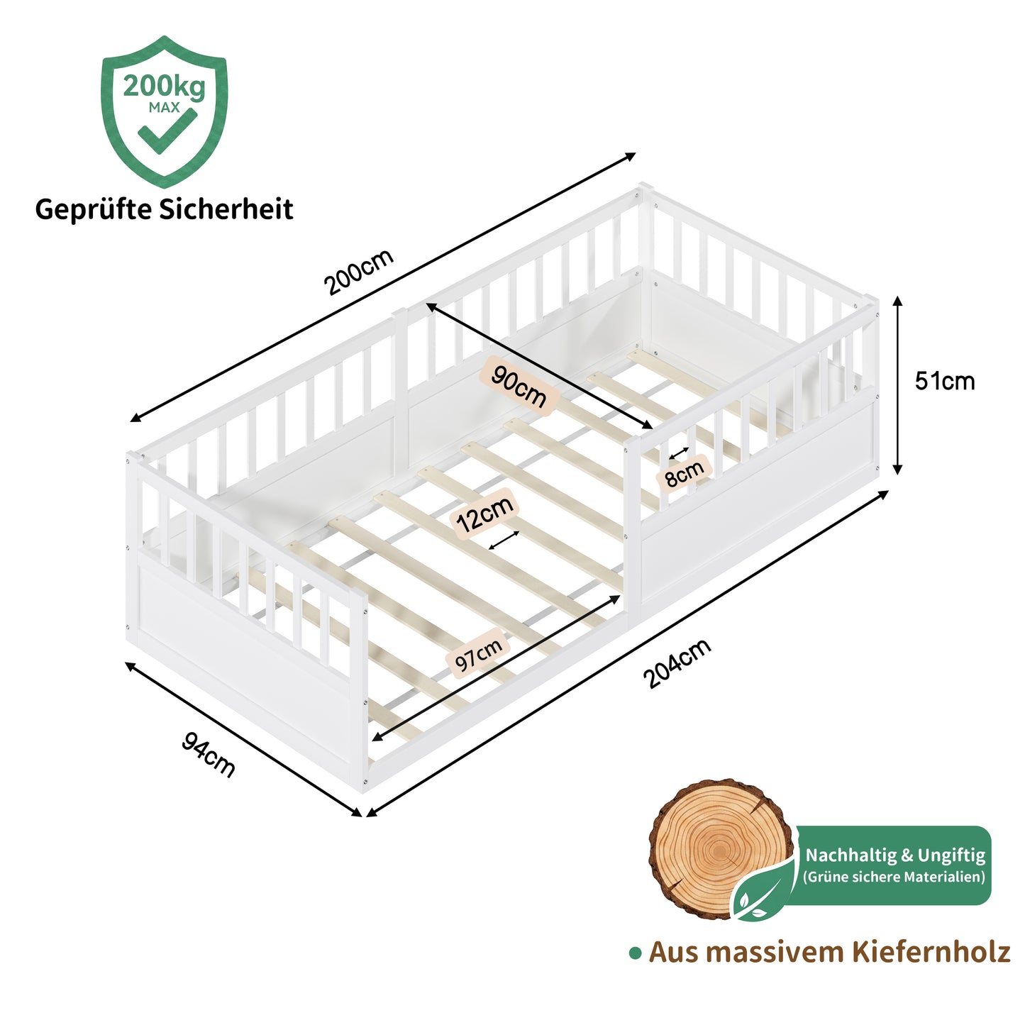 Solid Wood Montessori Floor Bed with Safety Railing and Slatted Frame