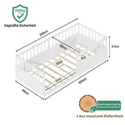 Solid Wood Montessori Floor Bed with Safety Railing and Slatted Frame