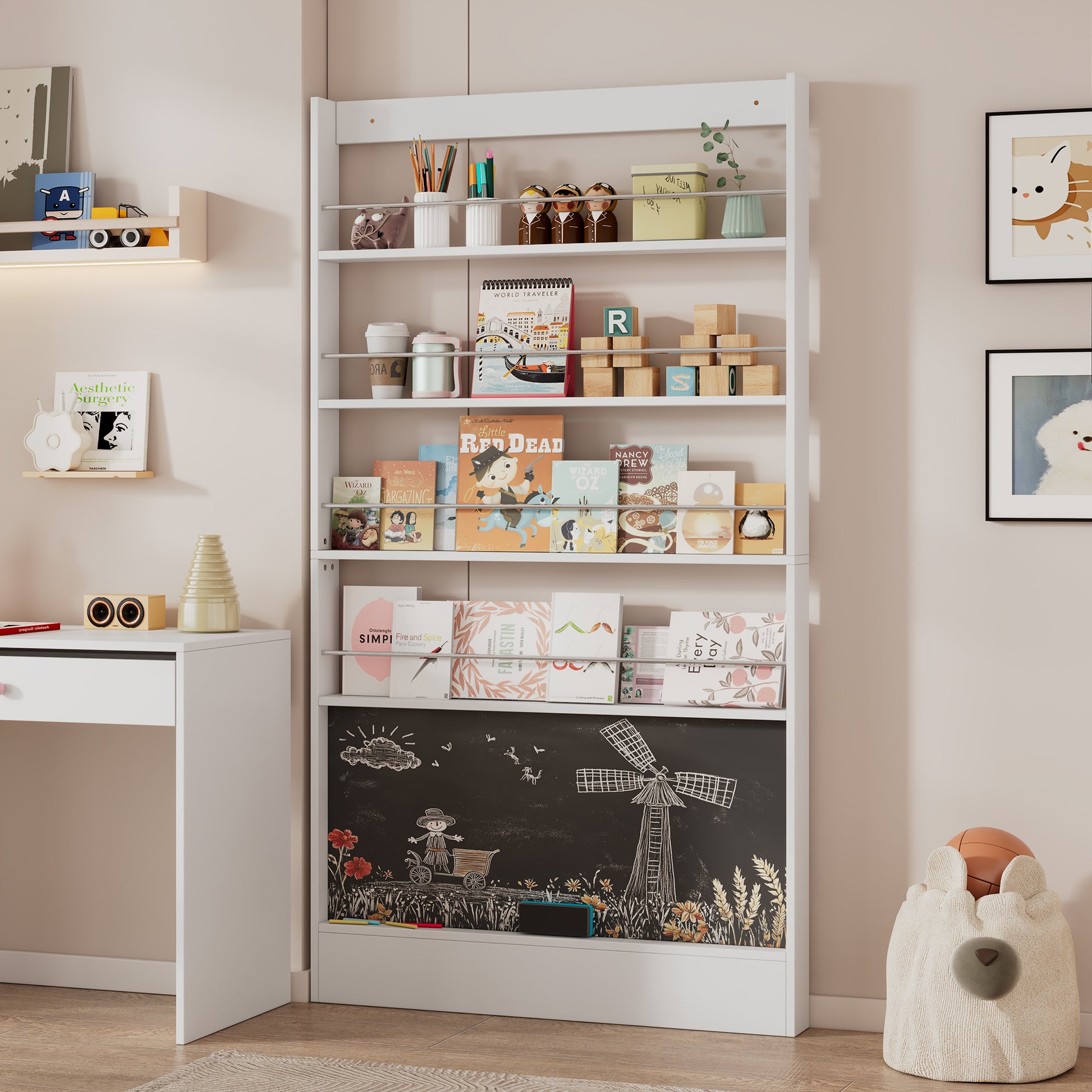 Bilderbuchregal, Ausstellregal, Bücherregal, Kinderzimmer Bücherregal, 4-ebiges Aufbewahrungsregal + bemalbares Schwarzbord, Kippschutz/Platz sparen, Bücherregal hinter der Tür, 100*10*180cm