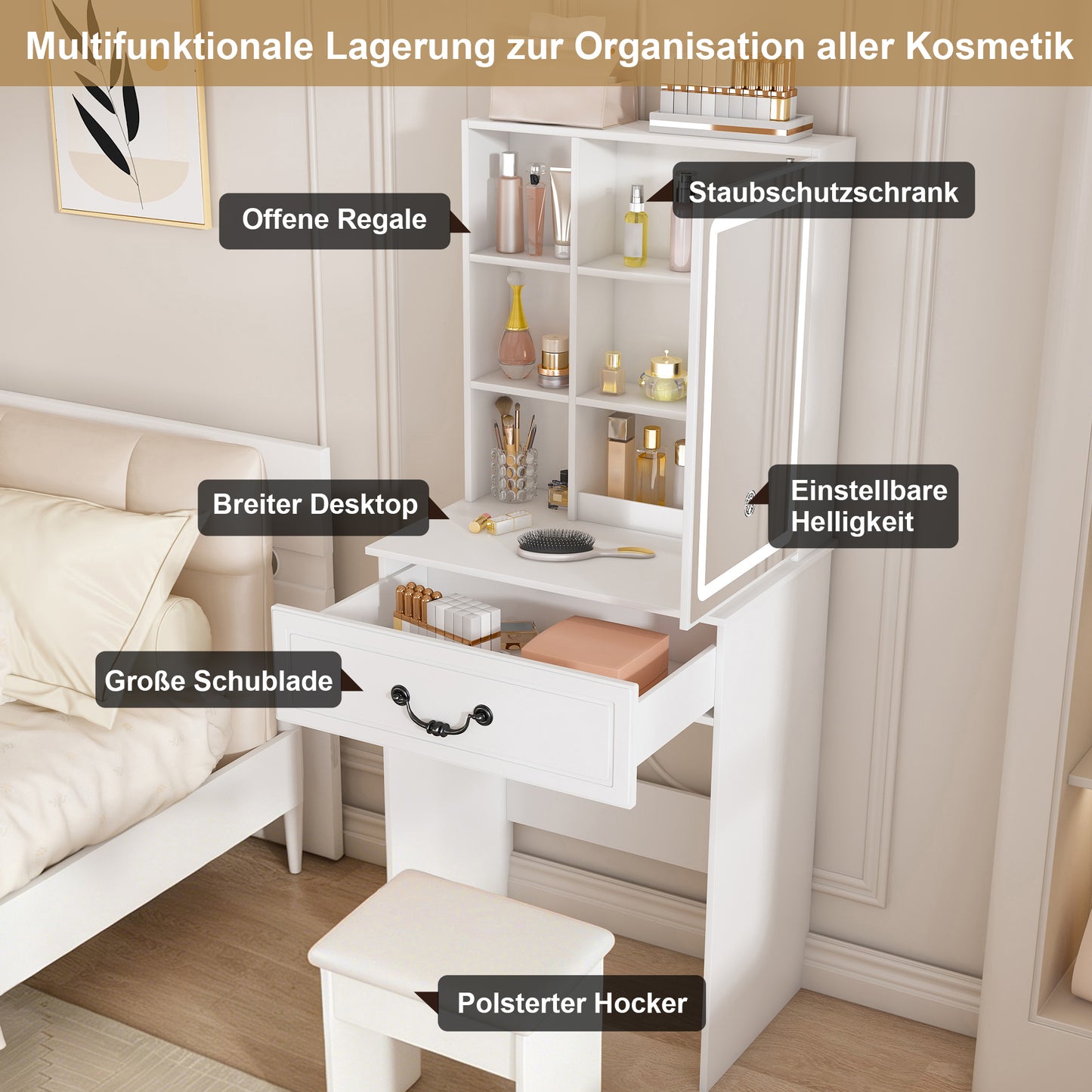 Modernes minimalistisches Schminktisch-Set mit dimmbarem LED-Spiegel – Kompakt mit verstecktem Stauraum, inkl. gepolsterter Hocker, Weiß, B60/H131.5/T36cm.