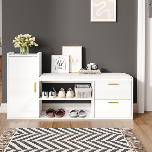 128*30*68cm Schuhschrank Schuhregal mit 2 Schubladen 1 Schrank, Hochglanz Schuhbänke Sitzbänke mit gepolsterter und Stauraum, Geeignet für Wohnzimmer, Flur, Büro, weiß