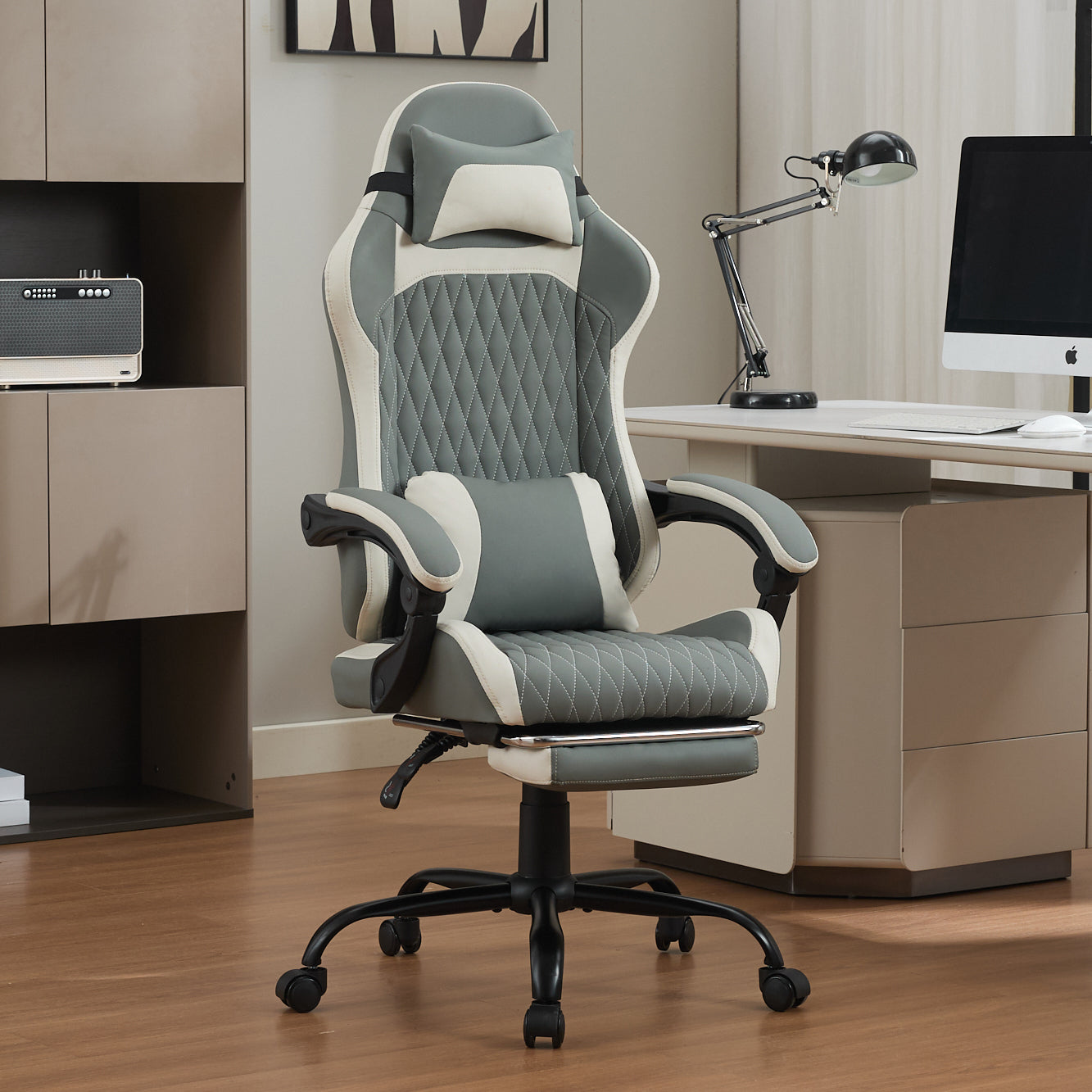 Ergonomischer Gaming-Stuhl mit Lordosenstutze, Nackenstutze & Fußstutze Ermudungsfrei auch bei langem