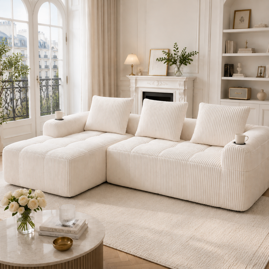 Gigab2b original image - Kompakt-Sofa aus Cord – Weich, modular & alltagstauglich mit Seitentasche und Getränkehalter. Hochwertiger Komfort für langes Sitzen, inkl. 3 Kissen. Ideal für Wohnzimmer, Arbeitszimmer & mehr.  Beige