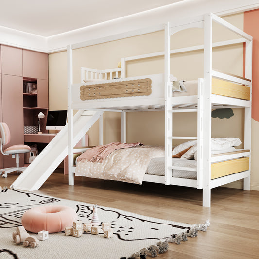 Gigab2b original image - Etagenbett Kinderbett 90*200 cm Mit hausförmigem Bettrahmen, keksförmigen Schutzgittern, Rutsche und extrabreiter Sicherheitsleiter, Holzfarbe
