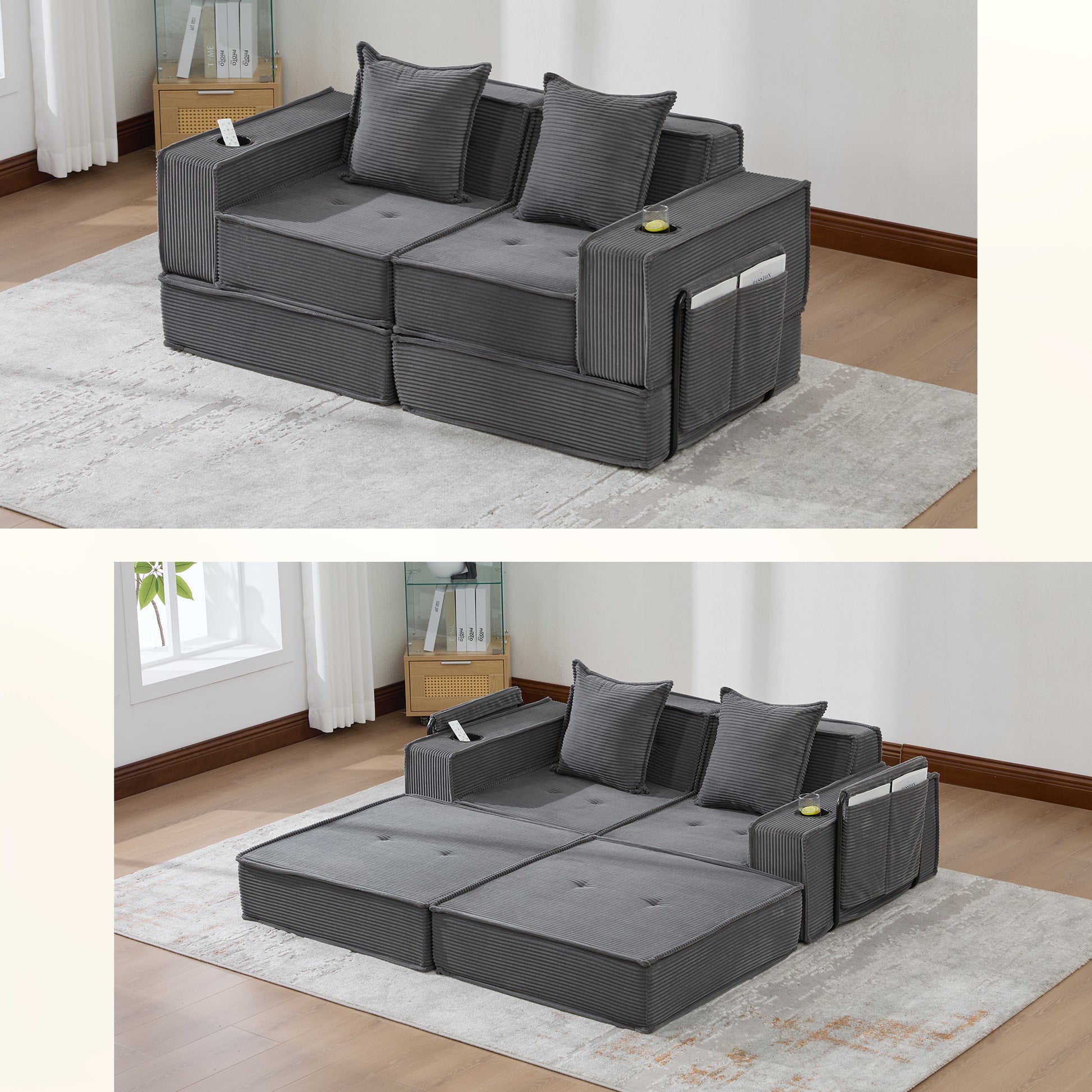 Gigab2b original image - Modernes Doppelschlafsofa mit einem bequemen Zweisitzer-Stoffsofa mit zwei Kissen. Ein stilvoller dekorativer Fußhocker mit seitlichem Stauraum und Getränkehaltern, ideal für Leseecken, Spielzimmer un