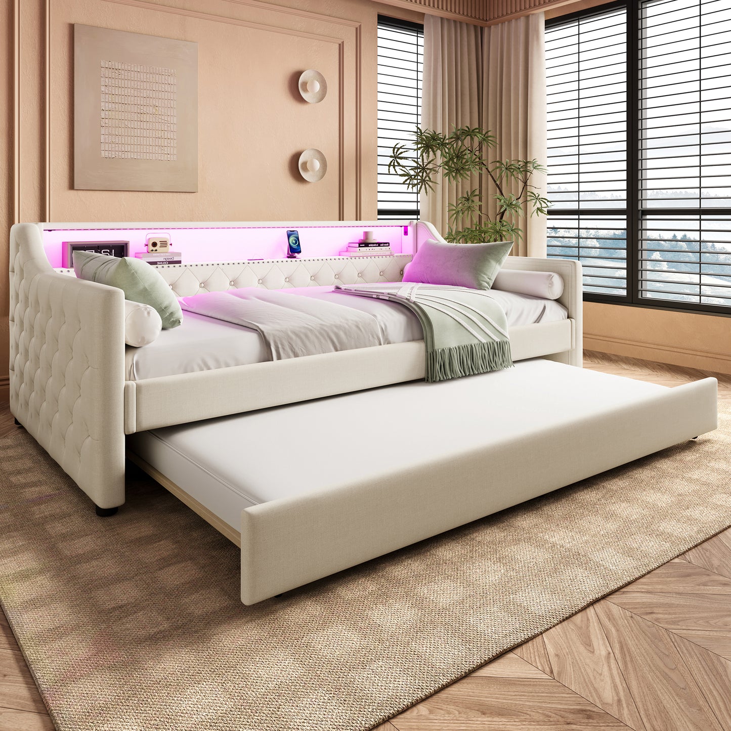 Daybett, 90 x 200cm, Schlafsofa, Tagesbett mit Lattenrost (ohne Matratze), Mit LED-Leuchten, Bett mit ausziehbarem Bett, USB-Ladebuchse, Linen, Beige