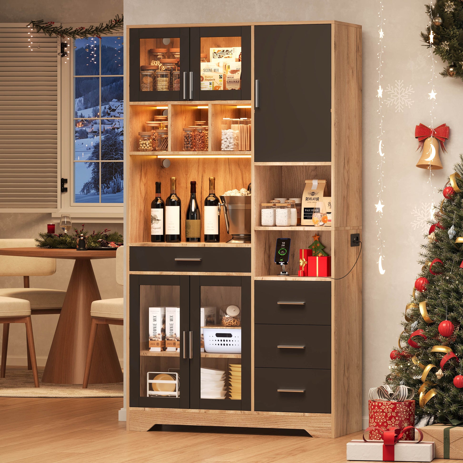 Gigab2b original image - Küchenregal, Bauernhaus-Stil Vintage Hochschrank, Aufbewahrungsschrank, Vitrinenschrank, verstellbare Regale, farbwechselnde LED-Leuchten und Steckdose, 185 × 100 × 40 cm