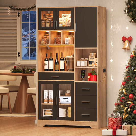 Gigab2b original image - Küchenregal, Bauernhaus-Stil Vintage Hochschrank, Aufbewahrungsschrank, Vitrinenschrank, verstellbare Regale, farbwechselnde LED-Leuchten und Steckdose, 185 × 100 × 40 cm