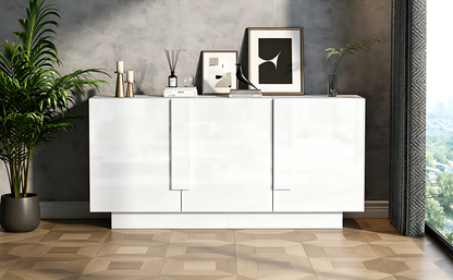 Wohnzimmer-Sideboard (35 x 160 x 60 cm), ein Wohnzimmerschrank mit 3 Türen, Hochglanz-Aufbewahrung, 6 Ablagefächern und viel Stauraum.Breiter Schrank, weiß, Spanplatte, leicht zu reinigen,kommode