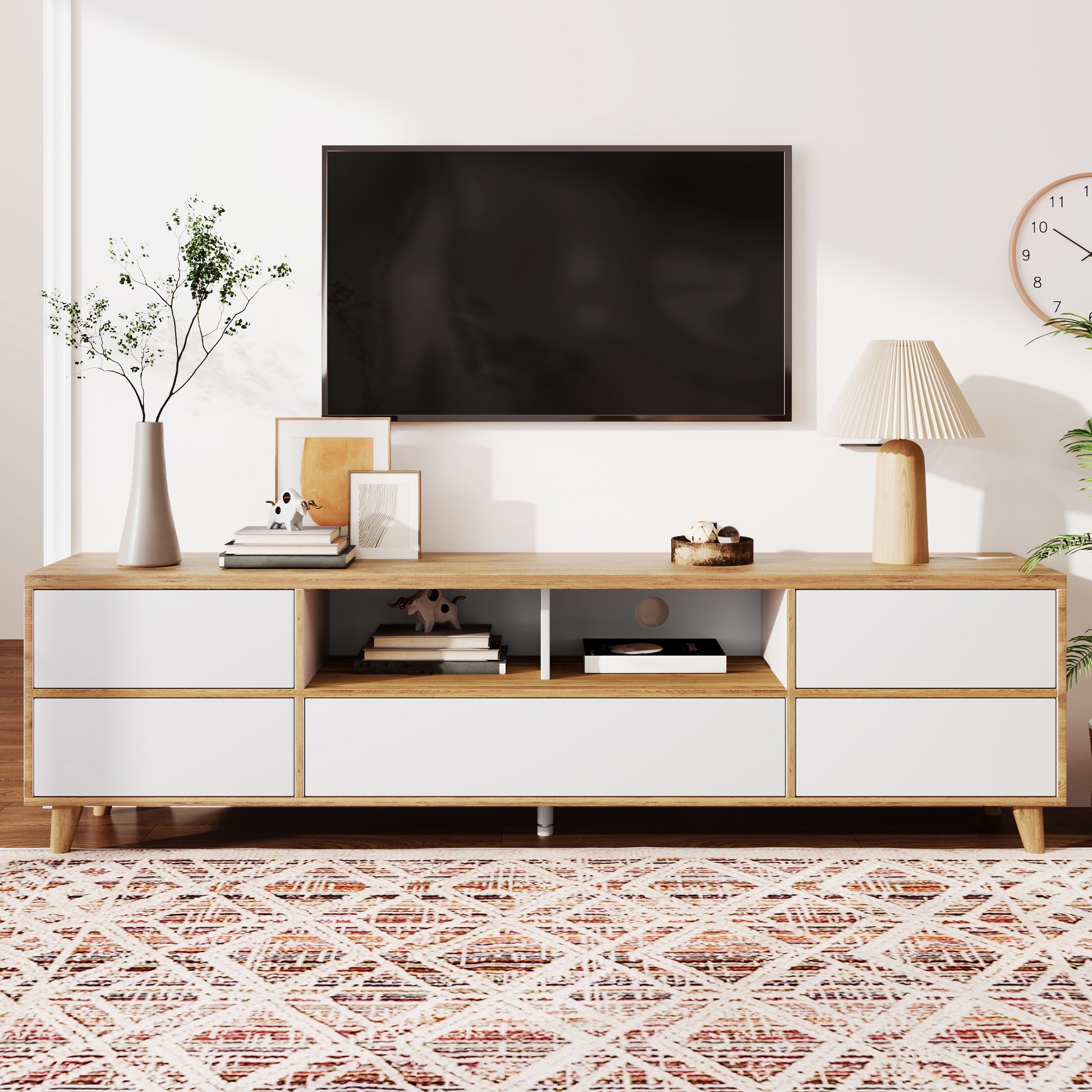 Gigab2b original image - TV-Schrank, Lowboard, Wohnzimmermöbel in Weiß und Holzfarben. Fächern und Türen im natürlichen Landhausstil.