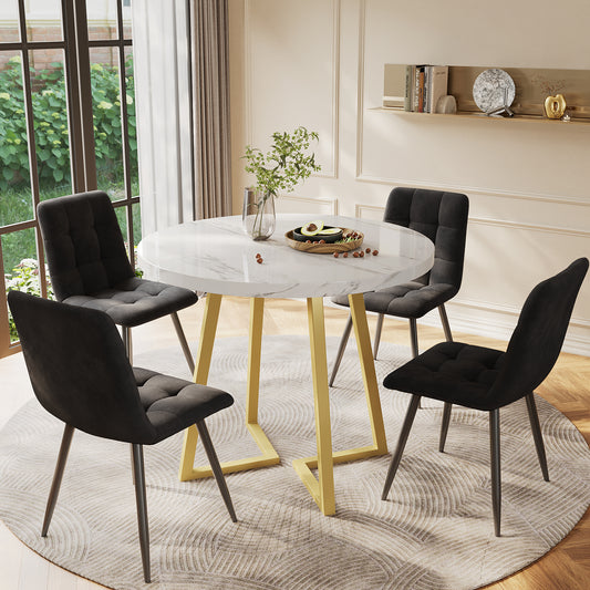 Gigab2b original image - Esstisch-Set (5-teilig), modernes Esstisch-Set mit 4 Stühlen, Küchentisch-Set, runder Küchentisch mit 80 cm Durchmesser und goldenen Metallbeinen, weiße MDF-Tischplatte, schwarze Samtstühle