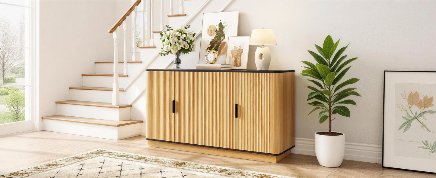 Sideboard 4-türig, vertikale Riffelung, Holzoptik, Schrank für Wohnzimmer, Flur, Esszimmer, Stauraum