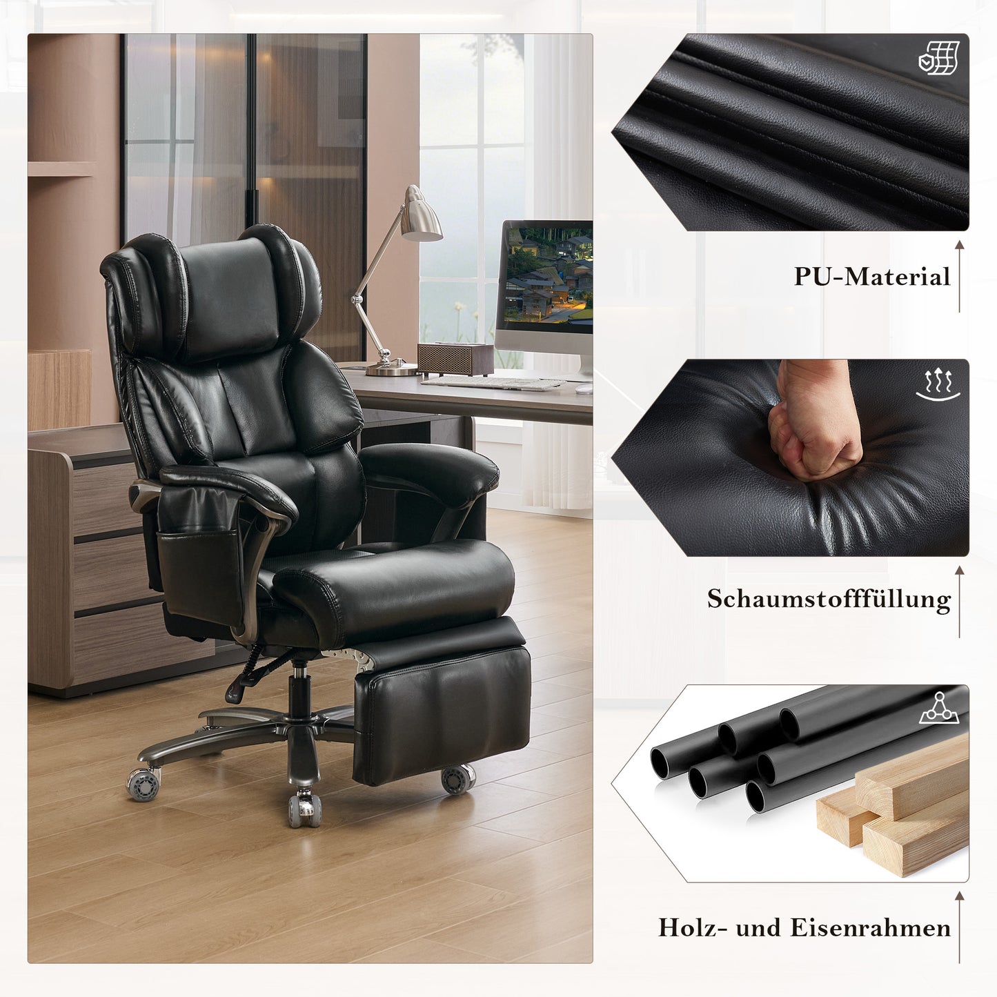 002-XXL Ergonomischer Bürostuhl, komfortabler Chefsessel mit Massage- und Heizfunktion, PU-Leder, Fußstütze, drehbar, verstellbare Rückenlehne, bis 150 kg, für Büro und Home Office (Schwarz)