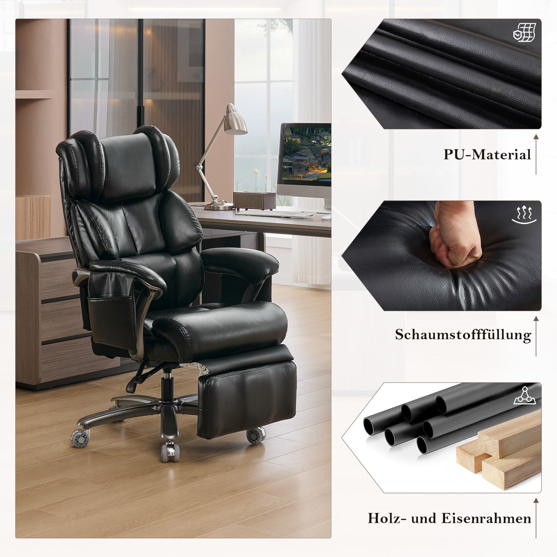 002-XXL Ergonomischer Bürostuhl, komfortabler Chefsessel mit Massage- und Heizfunktion, PU-Leder, Fußstütze, drehbar, verstellbare Rückenlehne, bis 150 kg, für Büro und Home Office (Schwarz)