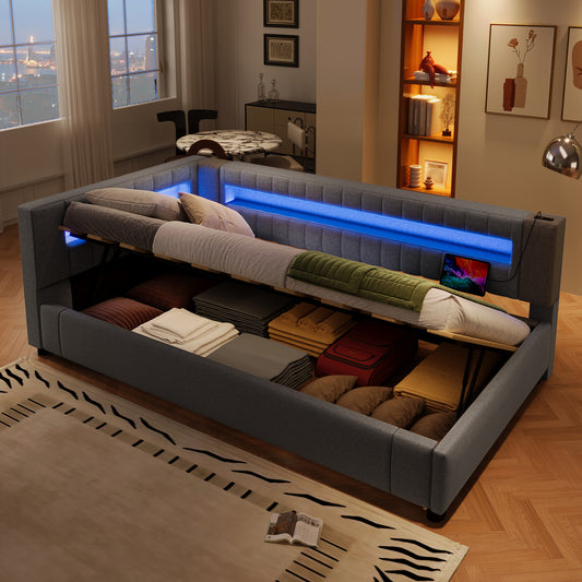 (=WX001039AAE)Daybett, Tagesbett, Schlafsofa, 90*200cm , LED-Lichtleiste am Ende des Bettes, hydraulische Lagerung, ohne Matratze, USB + TYPE-C, Leinen, Grau