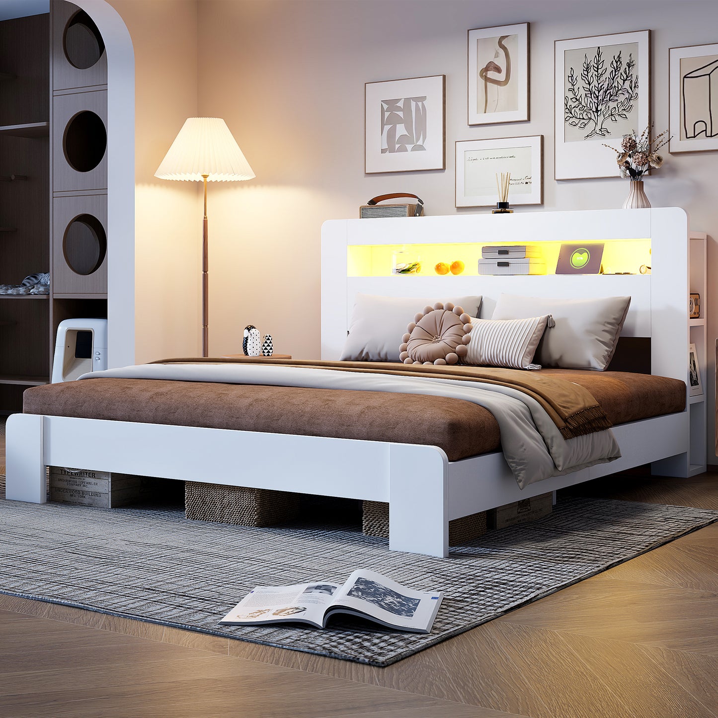 Bettgestell aus Holz mit Stauraum im Kopfteil, LED-Beleuchtung, integrierten Steckdosen, modernes Plattformbett in Weiß180 x 200 cm