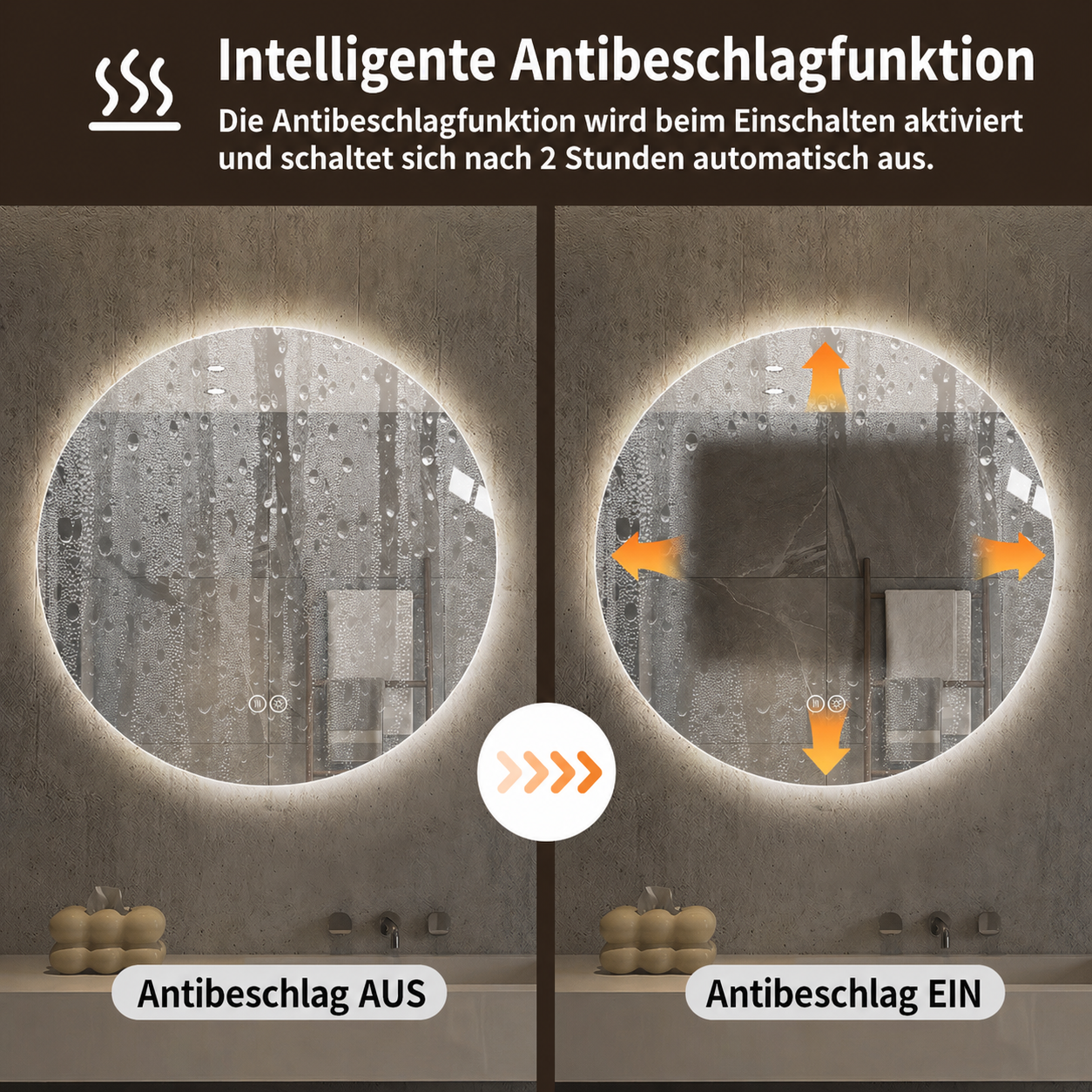 Runder LED Badezimmerspiegel 80 cm, Hinterleuchtet, Anti-Beschlag, 3 Lichtfarben, Stufenlos Dimmbar, Memoryfunktion, Touchschalter, 5 mm Kupferfreier HD-Silberspiegel