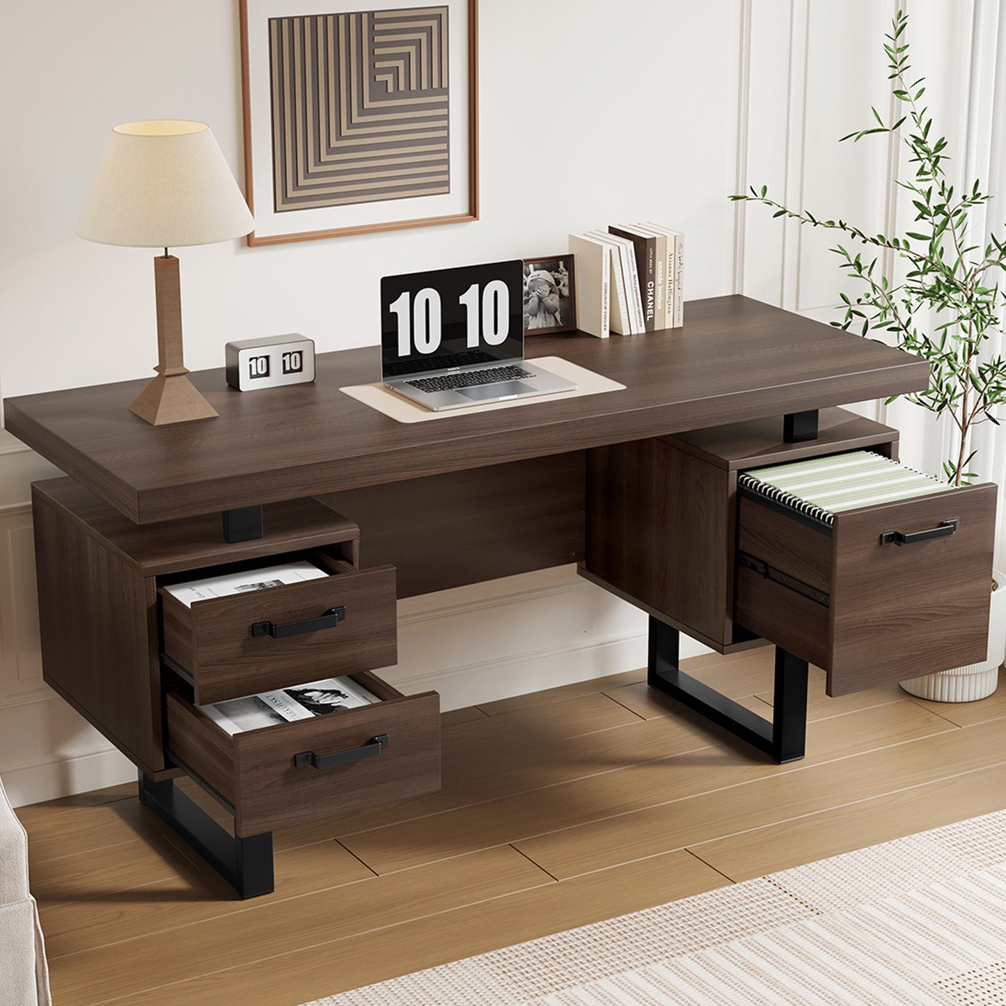 135 x 54 cm einfacher Büroschreibtisch, MDF und hochwertiges Stahlrohr, geräuschlose Schublade, Ordnerschublade, spritzwassergeschützte, geräumige Schreibtischplatte, effiziente Aufbewahrung, braun