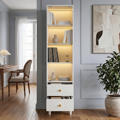Vitrine mit LED-Beleuchtung, modernes Bücherregal mit Glastüren und 2 Schubladen, Vitrine für Sammlerstücke, moderner Stil mit goldenen Griffen, weiß–H165/B40/T35cm