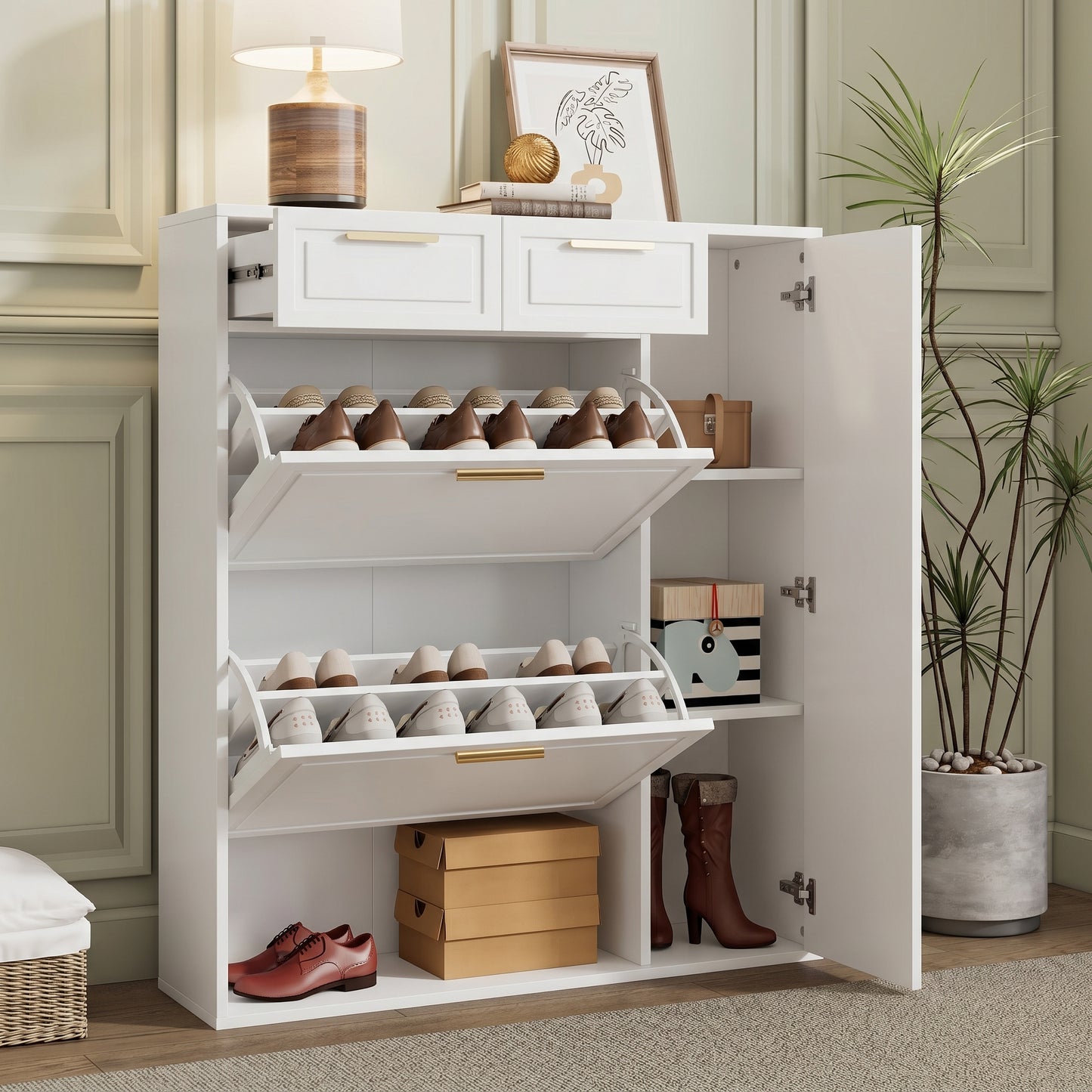 Gigab2b original image - Moderne Schuhschrank, mit verstellbaren Regalen, goldenen Griffen, Schubladen, Klappschuhschrank und Türen,  weiß, B95/D24/H107.5