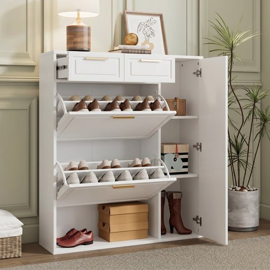 Gigab2b original image - Moderne Schuhschrank, mit verstellbaren Regalen, goldenen Griffen, Schubladen, Klappschuhschrank und Türen,  weiß, B95/D24/H107.5