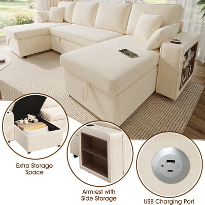 U‑förmiges Ecksofa mit Schlaffunktion, ausziehbares Schlafsofa, integrierter Stauraum, doppelte Chaiselongue mit verstecktem Stauraum, Becherhalter, USB‑Ladeanschluss und Armlehnen‑Ablage,Beige