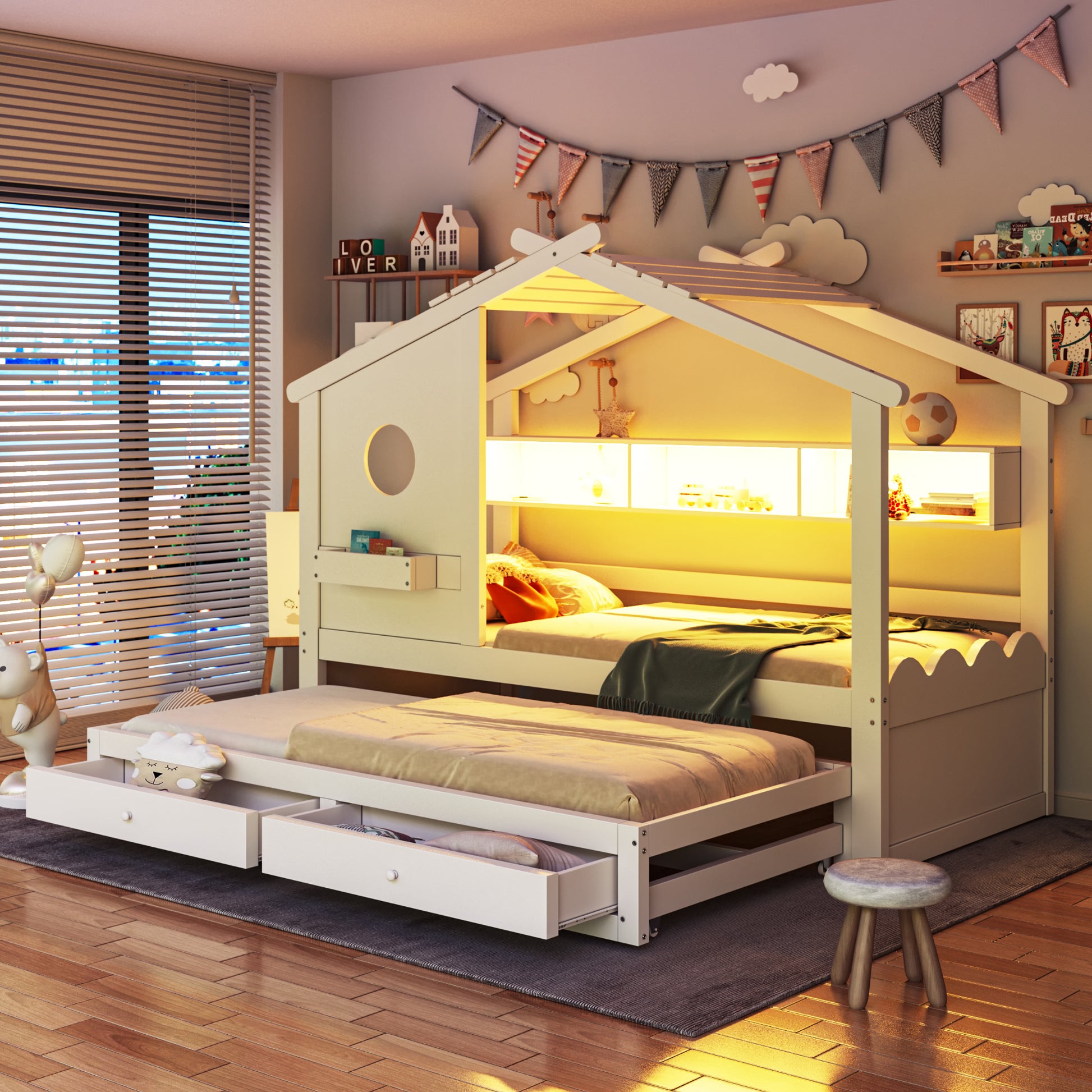Gigab2b original image - Kinderbett 90*200, mit Ausziehbett 90*190, Hausförmiges Design,mit zwei Schubladen,mit USB- und Typ-C-Ladeanschlüssen und LED, mit Einlegeböden,Multifunktionsbett,Weiß