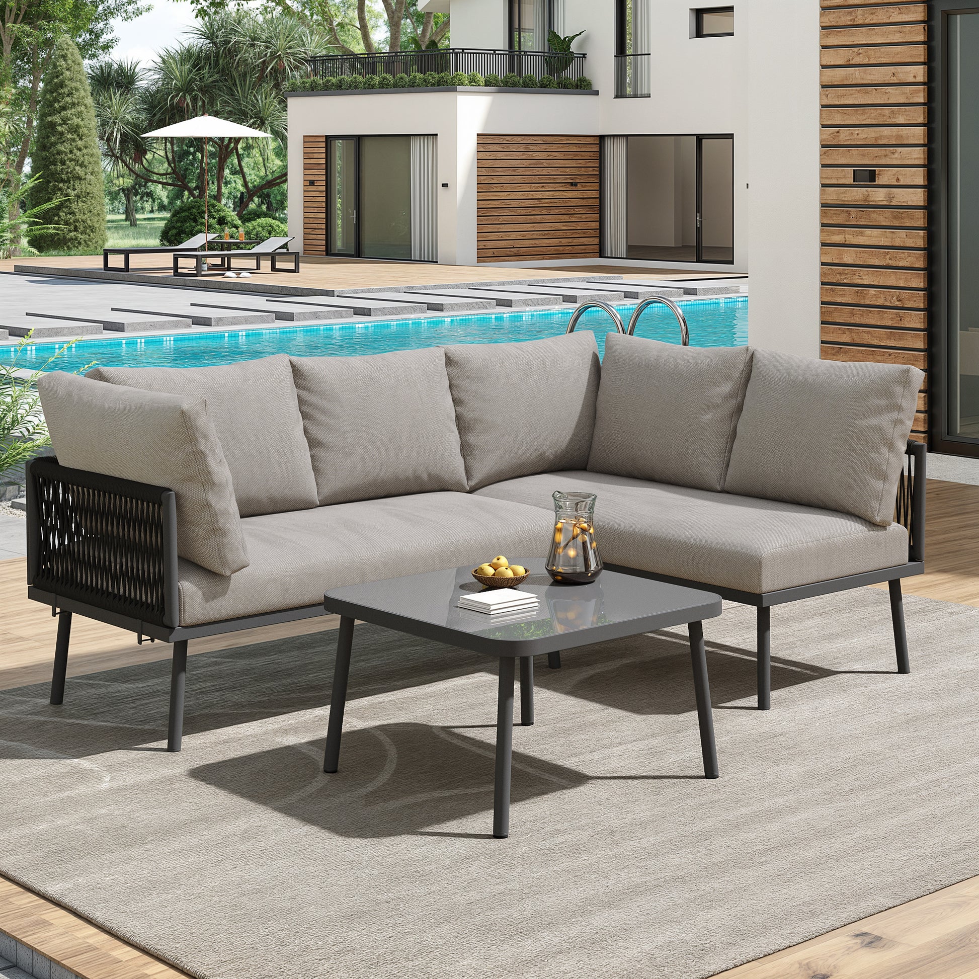 Gigab2b original image - Garten-Lounge-Set aus Eisen, Gartenmöbel-Set aus grauem Seil, L-förmiges Gartenmöbel-Set, Lounge-Set aus grauem Seil mit Sitzkissen, verstellbaren Füßen, 2 Sofas und 1 Tisch