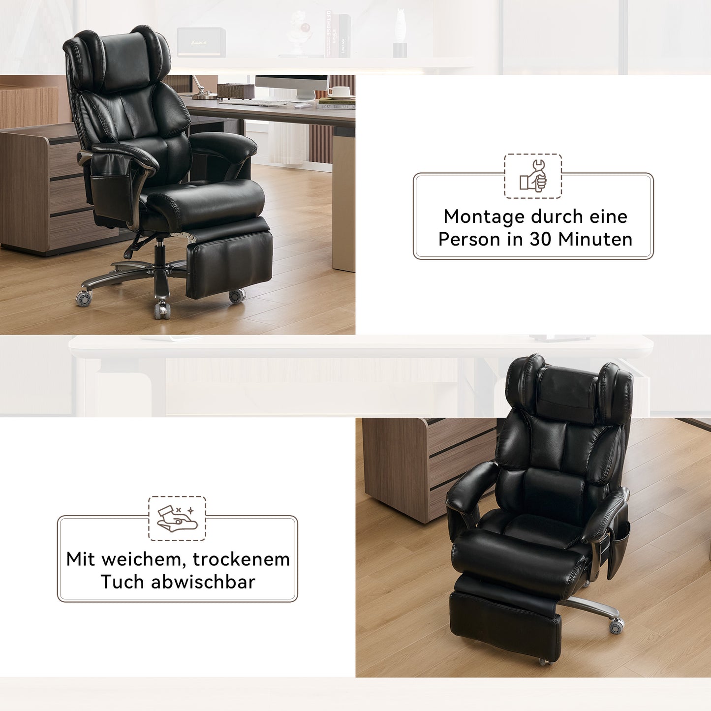 002-XXL Ergonomischer Bürostuhl, komfortabler Chefsessel mit Massage- und Heizfunktion, PU-Leder, Fußstütze, drehbar, verstellbare Rückenlehne, bis 150 kg, für Büro und Home Office (Schwarz)