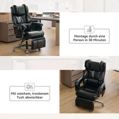 002-XXL Ergonomischer Bürostuhl, komfortabler Chefsessel mit Massage- und Heizfunktion, PU-Leder, Fußstütze, drehbar, verstellbare Rückenlehne, bis 150 kg, für Büro und Home Office (Schwarz)