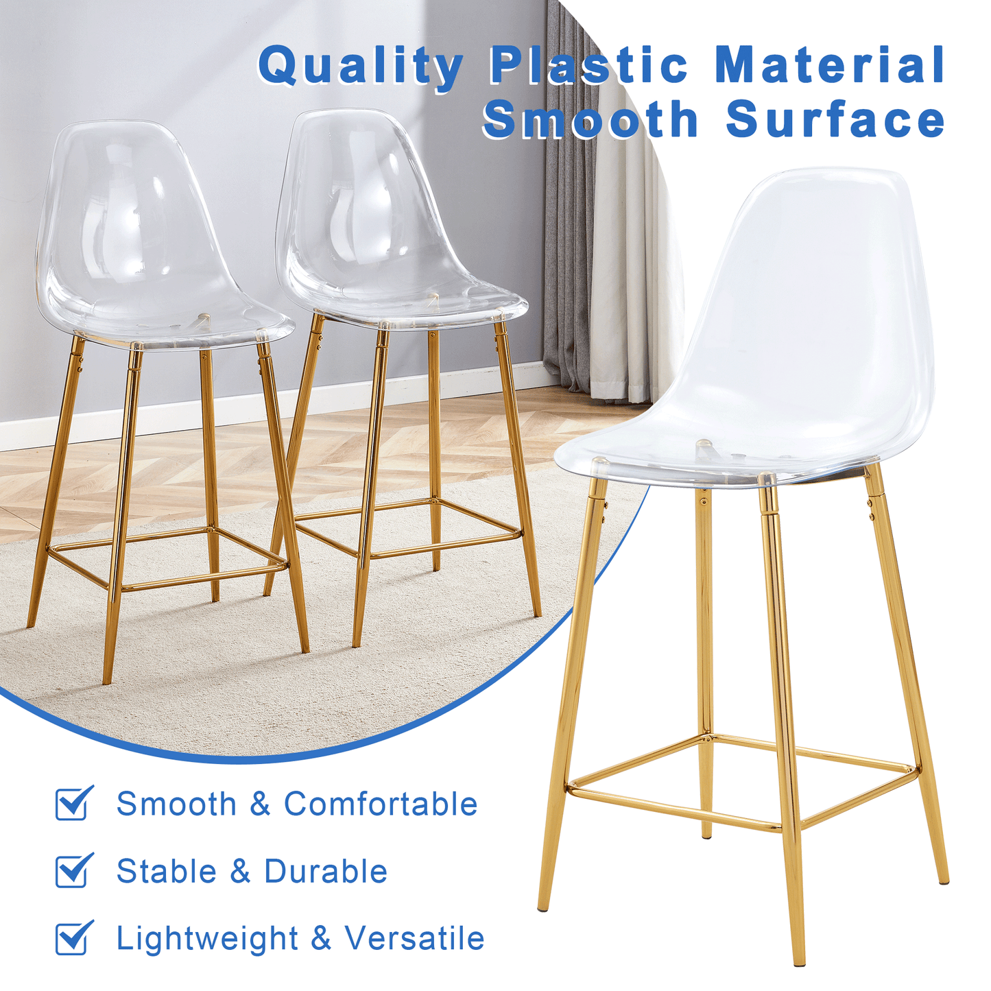 Transparente Barhocker Set, 2er Pack, mit Metallgestell in Silber/Gold/Schwarz, Moderne Design-Stühle für Küche, Bar oder Esszimmer (Nur Stühle, ohne Tisch)