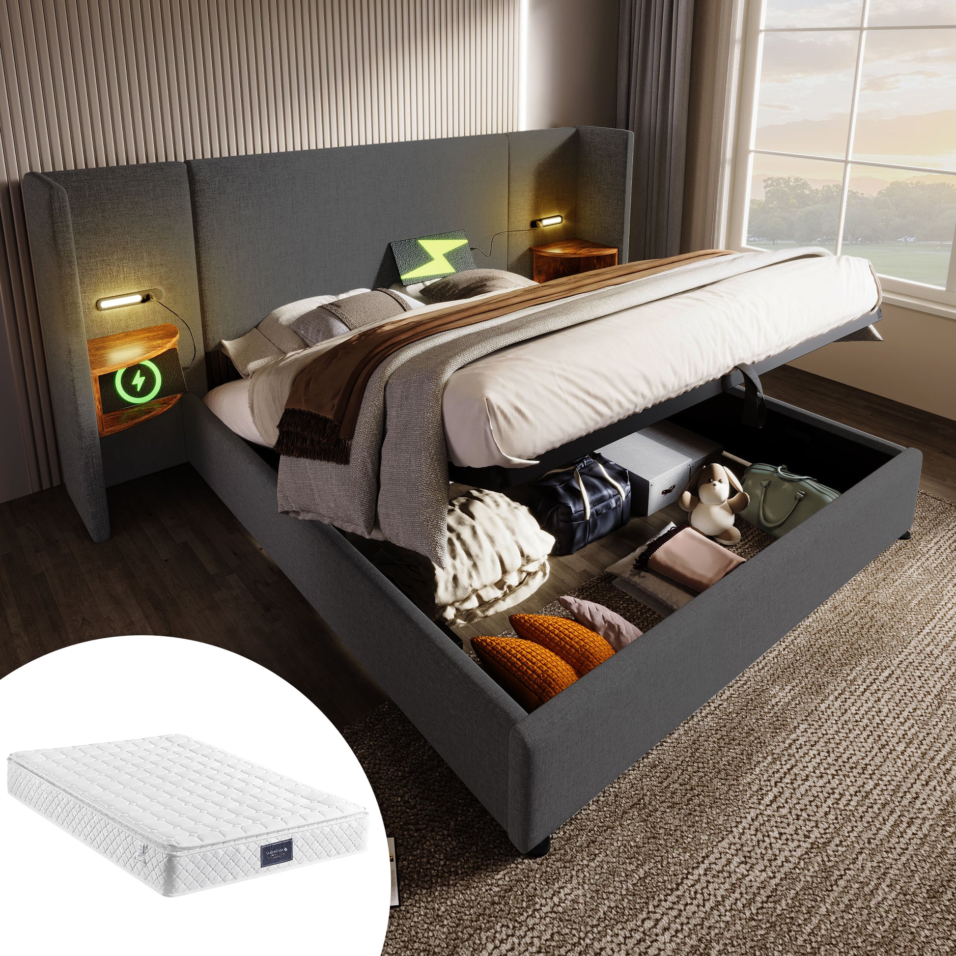 Gigab2b original image - Polsterbett Doppelbett 160×200 mit Nachttisch , Leselampe und USB Type-C Ladefunktion, Bettanlage Stauraumbett Bettgestell mit Lattenrost aus Massivholz und Metall, Grau, Leinen(Mit Matratze)