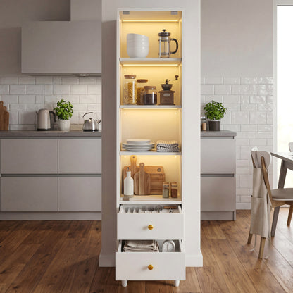 Vitrine mit LED-Beleuchtung, modernes Bücherregal mit Glastüren und 2 Schubladen, Vitrine für Sammlerstücke, moderner Stil mit goldenen Griffen, weiß–H165/B40/T35cm